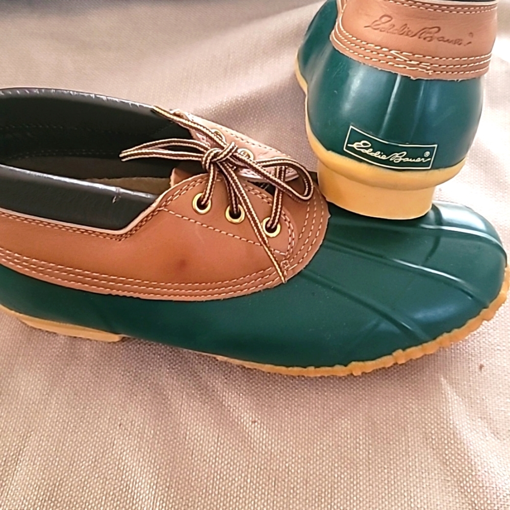 Eddie Bauer Green and Brown Lace-Top Duck Rain Shoes